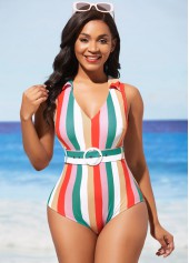 Turndown Collar Rainbow Stripe Belted One Piece Swimwear