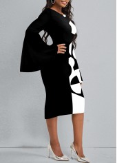 Geometric Print Flare Sleeve Black Dress