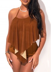 Asymmetric Hem Mesh Light Khaki Halter Tankini Set