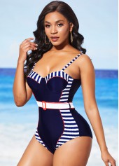 Decorative Belt Navy Blue Striped One Piece Swimwear