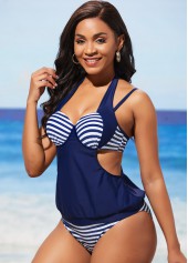 Striped Halter Navy Blue Tankini Set