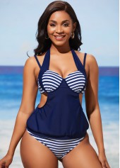 Striped Halter Navy Blue Tankini Set