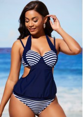 Striped Halter Navy Blue Tankini Set