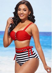 Color Block High Waisted Stripe Print Bikini Set