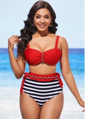 Color Block High Waisted Stripe Print Bikini Set