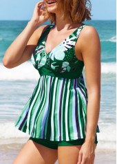Dark Green Wide Strap Striped Tankini Set