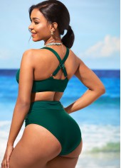 Dark Green Mesh Stitching High Waist Bikini Set