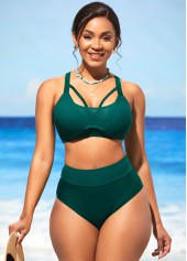 Dark Green Mesh Stitching High Waist Bikini Set