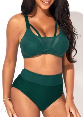 Dark Green Mesh Stitching High Waist Bikini Set
