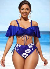 Flounce Floral Print Mid Waist Royal Blue Bikini Set