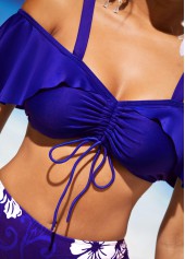 Flounce Floral Print Mid Waist Royal Blue Bikini Set