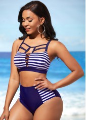 Navy Blue Stripe Print Cross Strap Bikini Set
