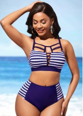 Navy Blue Stripe Print Cross Strap Bikini Set