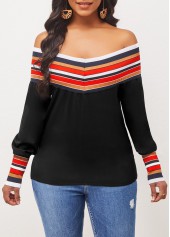Off Shoulder Black Long Sleeve Stripe Blouse