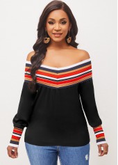 Off Shoulder Black Long Sleeve Stripe Blouse