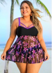 Purple Floral Print Plus Size Swimdress Top-No Bottom