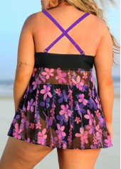 Purple Floral Print Plus Size Swimdress Top-No Bottom