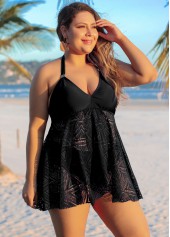 Black Plus Size Lace Stitching Swimdress Top-No Bottom