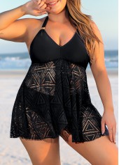 Black Plus Size Lace Stitching Swimdress Top-No Bottom