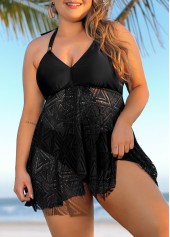 Black Plus Size Lace Stitching Swimdress Top-No Bottom