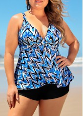 Blue Chevron Print Plus Size Tankini Top-No Bottom