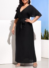 Belted Black Plus Size Tie Side V Neck Dress
