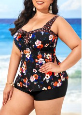Black Floral Print Plus Size Tankini Top-No Bottom