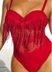 Lace Stitching Red Tassel One Piece Swimwear