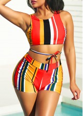 Stripe Print Multi Color High Waisted Bikini Set