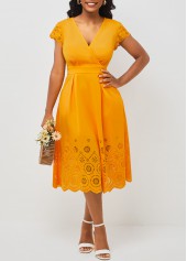 Floral Design Double Side Pockets Orange V Neck Dress