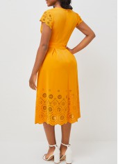 Floral Design Double Side Pockets Orange V Neck Dress