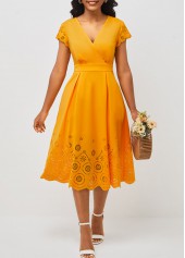 Floral Design Double Side Pockets Orange V Neck Dress