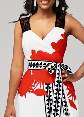 White Floral Print Side Slit Belted Dress