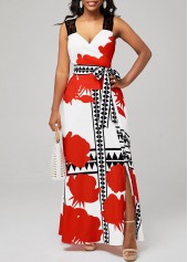 White Floral Print Side Slit Belted Dress