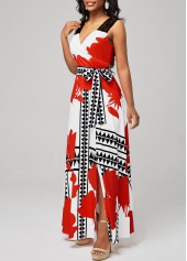 White Floral Print Side Slit Belted Dress