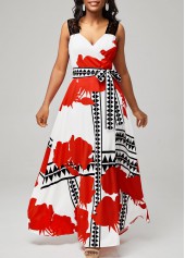 White Floral Print Side Slit Belted Dress