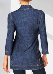 Denim Blue Decorative Button V Neck Blouse