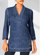 Denim Blue Decorative Button V Neck Blouse