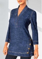 Denim Blue Decorative Button V Neck Blouse