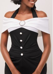 Off Shoulder Black Contrast Decorative Button Dress