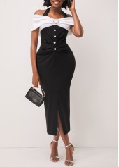 Off Shoulder Black Contrast Decorative Button Dress