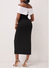 Off Shoulder Black Contrast Decorative Button Dress