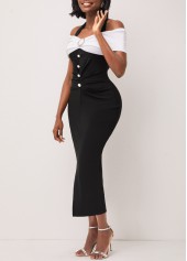 Off Shoulder Black Contrast Decorative Button Dress