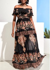 Black Off Shoulder Flounce Tribal Print Maxi Dress