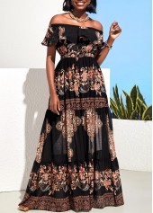 Black Off Shoulder Flounce Tribal Print Maxi Dress