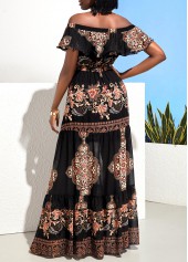 Black Off Shoulder Flounce Tribal Print Maxi Dress