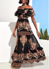 Black Off Shoulder Flounce Tribal Print Maxi Dress