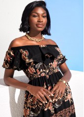 Black Off Shoulder Flounce Tribal Print Maxi Dress