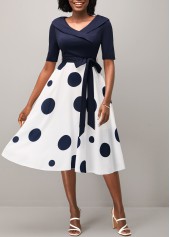 Belted Navy Blue Polka Dot Cross Front Dress