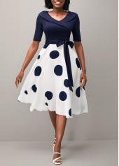 Belted Navy Blue Polka Dot Cross Front Dress